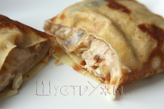 жюльен с курицей и грибами в мешочках из блинов, рецепт как приготовить блинчики с куриным жюльеном